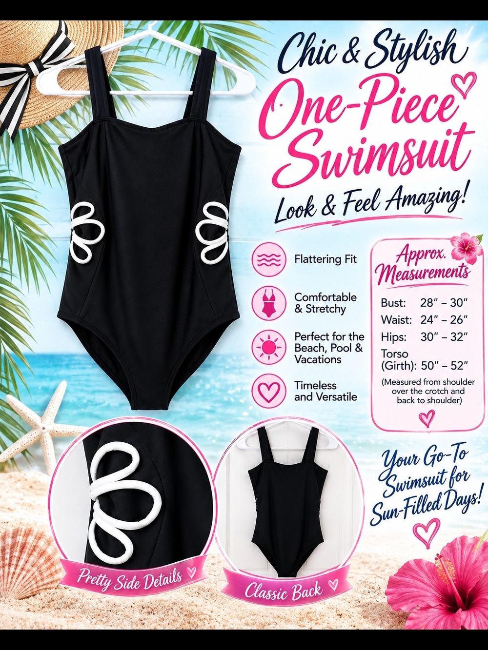 Kids Black One-Piece Swimsuit with White Side Loop Cut Out Detail